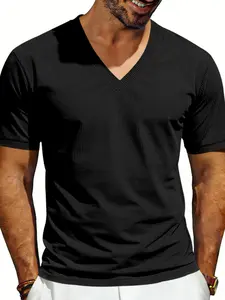 Men's Zigzag Pattern V-Neck Knit T-Shirt, Short Sleeve Slim Fit Casual Streetwear Top, Summer Breathable Basic Tee, Menswear (multiple Colors)