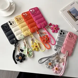 Soft puffer iPhone case with 3D sunflower charm and anti-lost chain, full coverage thickened protective case. Compatible with iPhone 11, 12, 13, 14, 15, 16, 17 Pro/PLUS/PM.