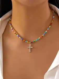 New Necklace Creative Colorful Beaded Cross Pendant Necklace for Women Fashion Personalized Collarbone Chain Jewelry