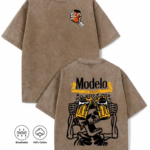 Vintage Acid Wash Skeleton Drinking Beer Graphic Tee Grunge Streetwear Y2K Clothing Oversized Summer Top loose fit casual shirt cotton t-shirt