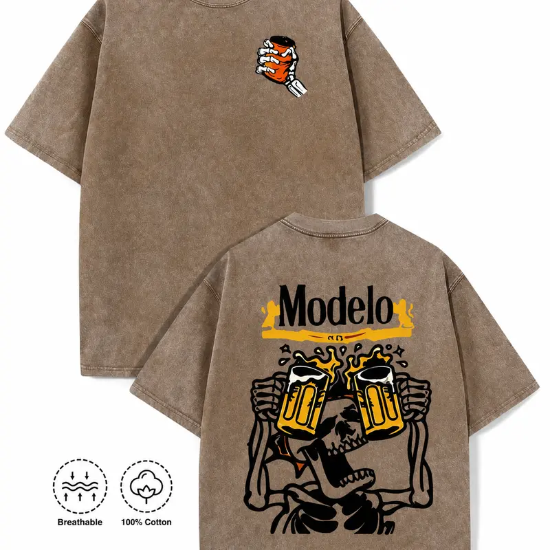 Vintage Acid Wash Skeleton Drinking Beer Graphic Tee Grunge Streetwear Y2K Clothing Oversized Summer Top loose fit casual shirt cotton t-shirt