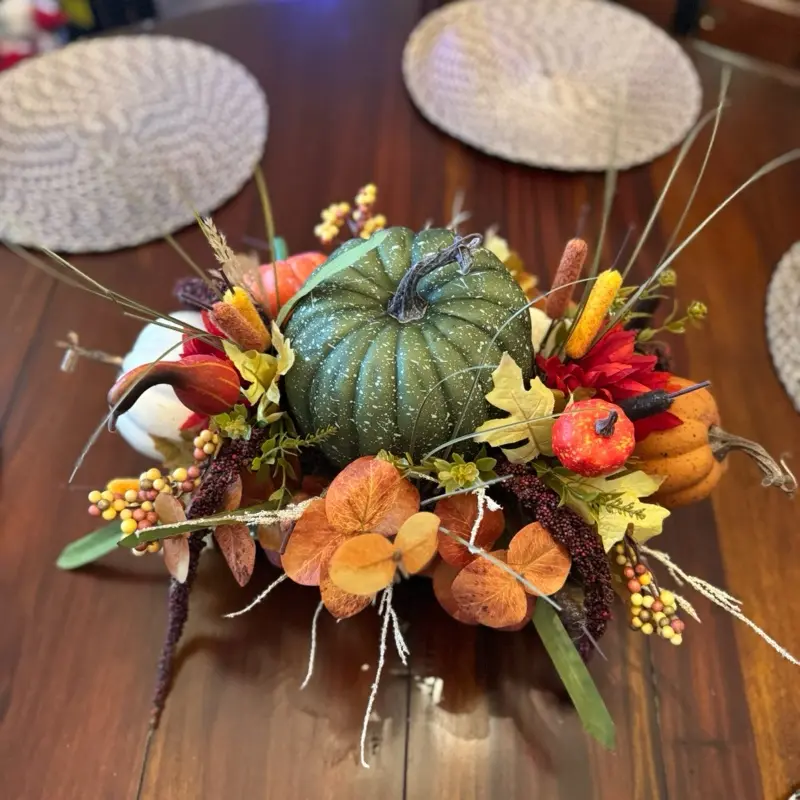 Fall Table Center Piece with Green Pumpkin and Autumn Leaves Decorative Arrangement