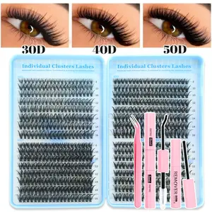 DIY Eyelash Extension Kit, Individual Lash Clusters, 640 Pieces, Mixed Curl 30 40 50D, Includes Bond &Seal &Remove &Eyelash Tweezers, 9-16mm Natural Lashes