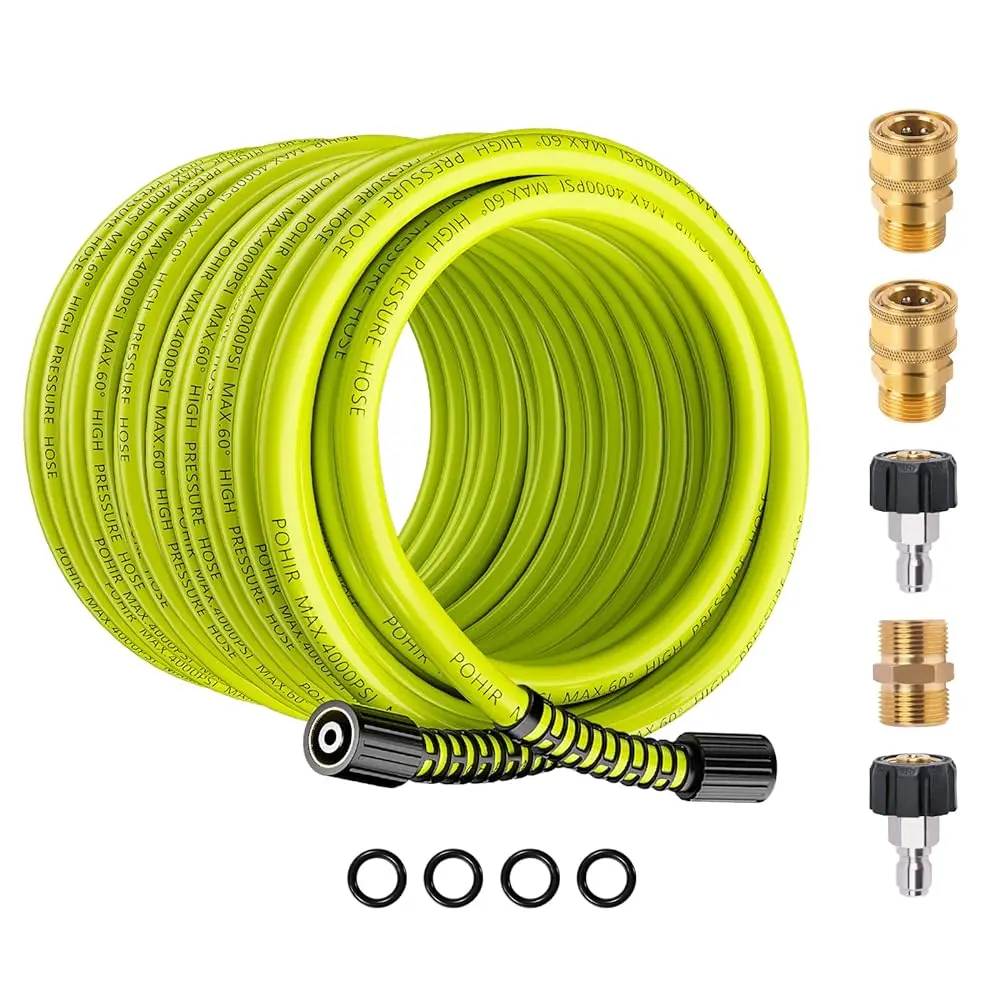 Summervibes POHIR High-Pressure Hose Kit, 50FT x 1/4In Kink Resistant Hose, 4000 PSI MAX Strength, Male-to-Male Quick Connect Adapters Set, Fits Most Guns for Heavy Duty Cleaning Jobs