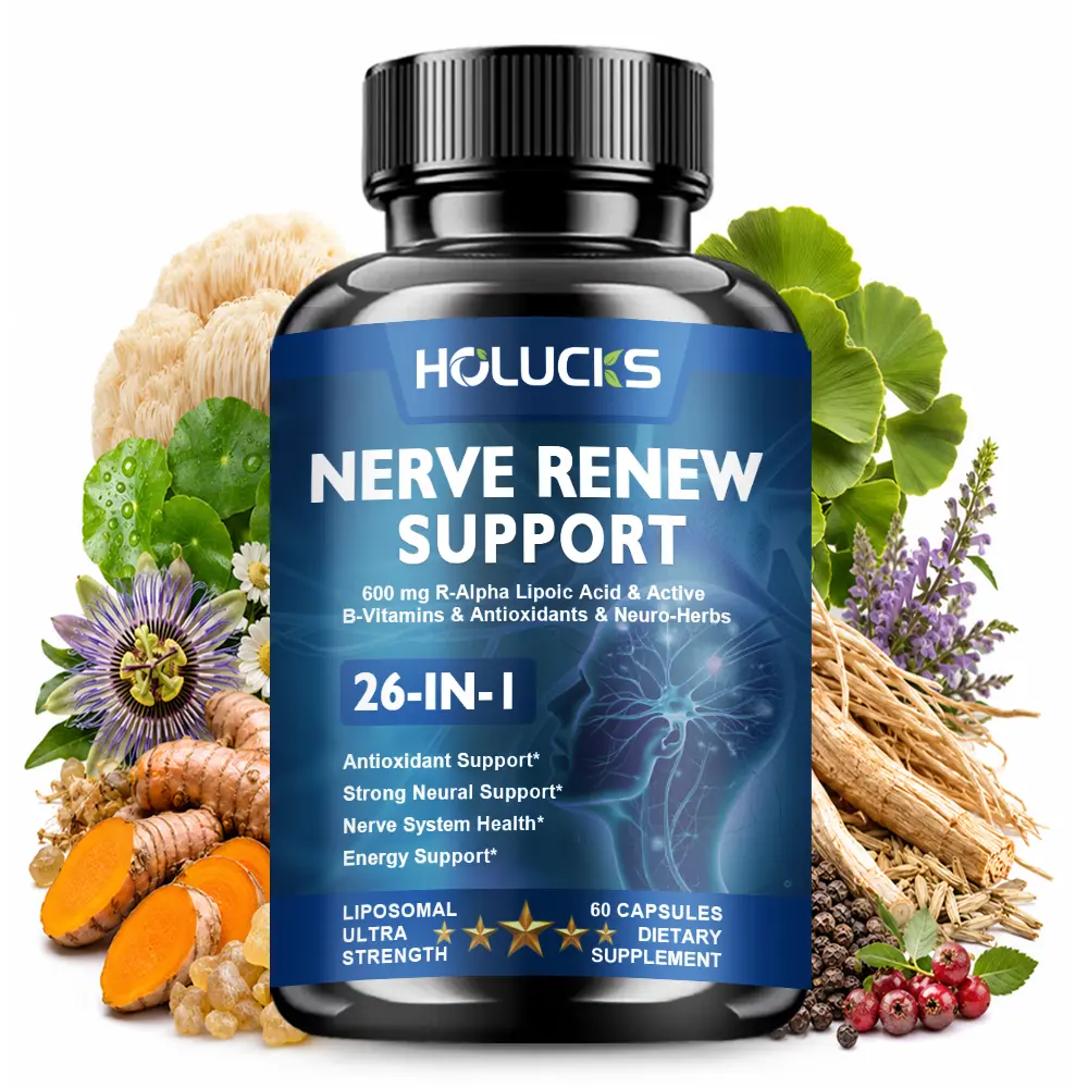 Nerve Renew Support Supplement, 26-in-1 Nerve Health Complex with 600mg R-Alpha Lipoic Acid, Active B Vitamins, NAC, CoQ10 & Neuro Herbs, Antioxidant & Energy Metabolism Support, 60 Vegetarian Capsules