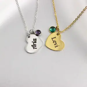 Custom Birthstone Heart Necklace – Engraved Stainless Steel Pendant – Personalized Jewelry Gift for Every Month