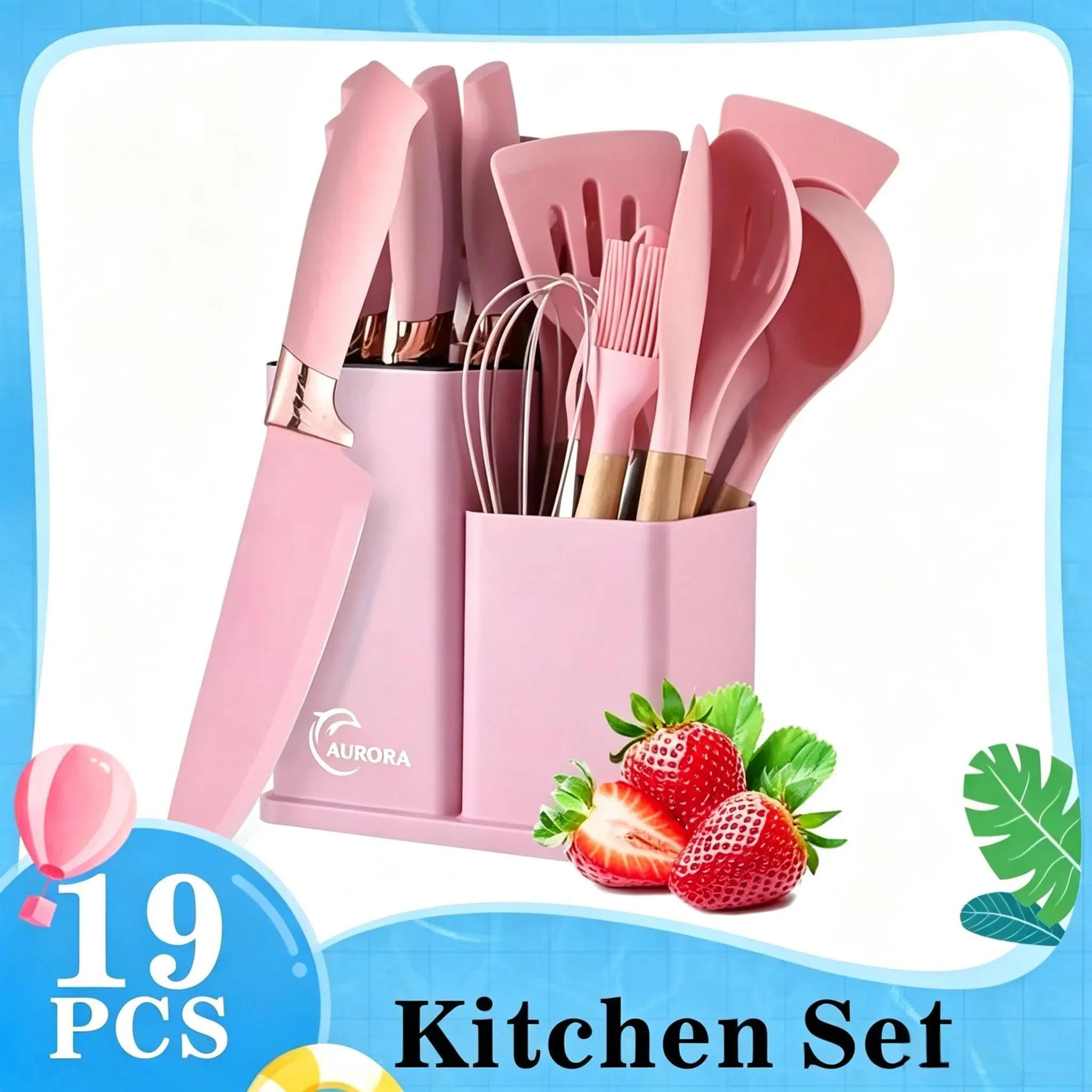 Kitchen Cookware Sets - 19-Piece Nonstick Cooking Set with 9 Silicone Utensils, 5 Sharp Stainless Steel Chef Knives, Scissors, Whisk, Tongs, Cutting Board (Pink, Black)
