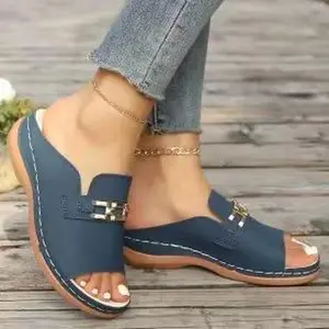 A48-Womens Leather Slide Sandals Casual Chic Open Toe Slippers with Gold Metal Chain AccentStitched Brown Sole Sandal Comfortable Flat Design for Summer Outfit