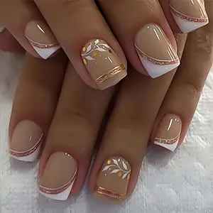 24pcs Wearable Nail Set, Simple Nude Color Nails, French & Gold Line Accents, Short Square Fake Nails, Elegant Manicure, Nail Art