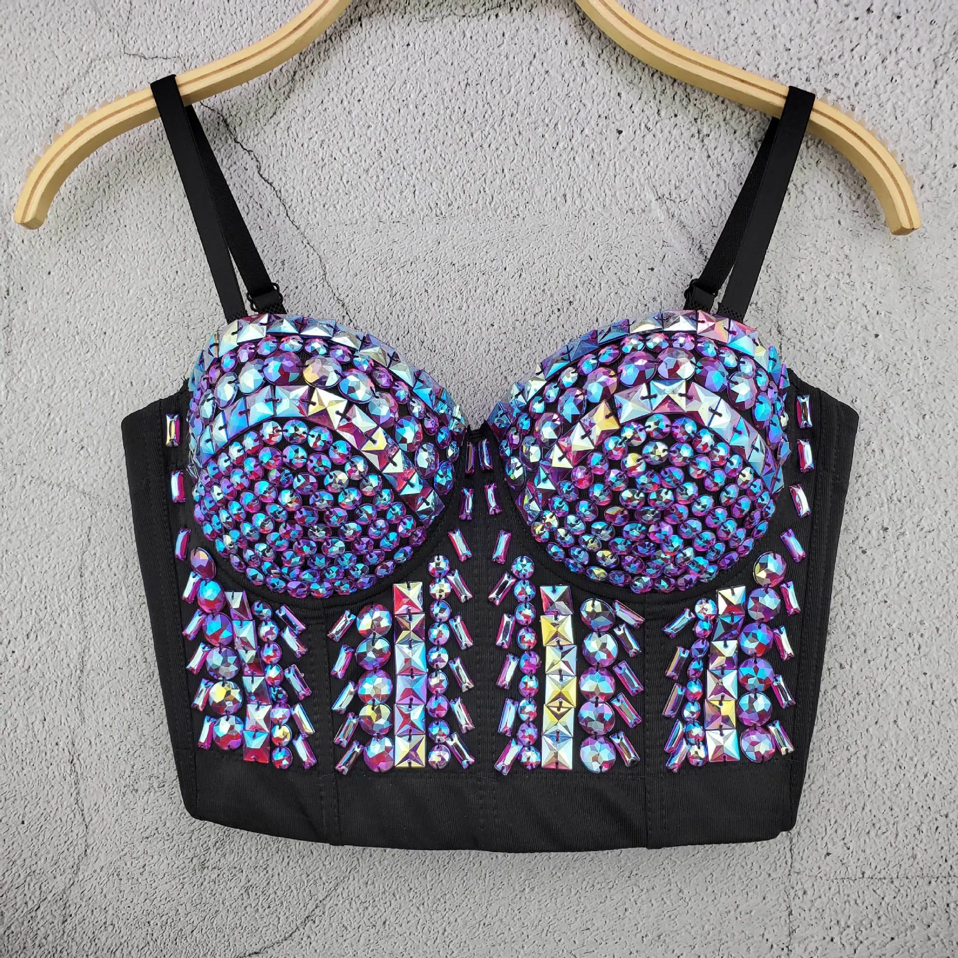 Women's Glistening Corset Top with Colorful Hand-Stitched Rhinestones, Sexy Sleeveless Boned Bustier for Party & Rave Wear