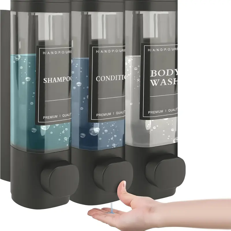 Zoronk Shampoo and Conditioner Dispenser, Shower Soap Dispenser Wall Mounted 3 Chamber 300ml, Refillable Hand Soap Dispensers, Body Wash Dispenser for Bathroom Kitchen Hotel Home (Black)