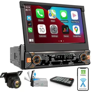 Upgraded 7" 1Din Car Stereo – Motorized Flip Out Touchscreen Monitor Mp5 Player with Wired Carplay & Android Auto Bluetooth, Mirror Link, USB/TF/AUX/Type-C Hands-Free Call 30-Band EQ Fast Charger Backup Camera Universal Fit for Car/Van/RV/Pickup/Truck/Bus