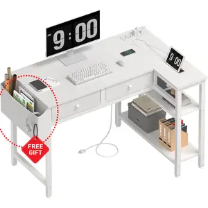White L Shaped Desk with Drawers & Storage Shelves, 40 Inch Small Corner Desk with Power Outlet for Small Space Home Office, Study Work PC Desks for Bedroom, Get Free Gift