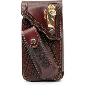 Leather Phone Holster with Knife Pouch, Belt Clip, Basketweave & Jesus Design (Light Coffee)