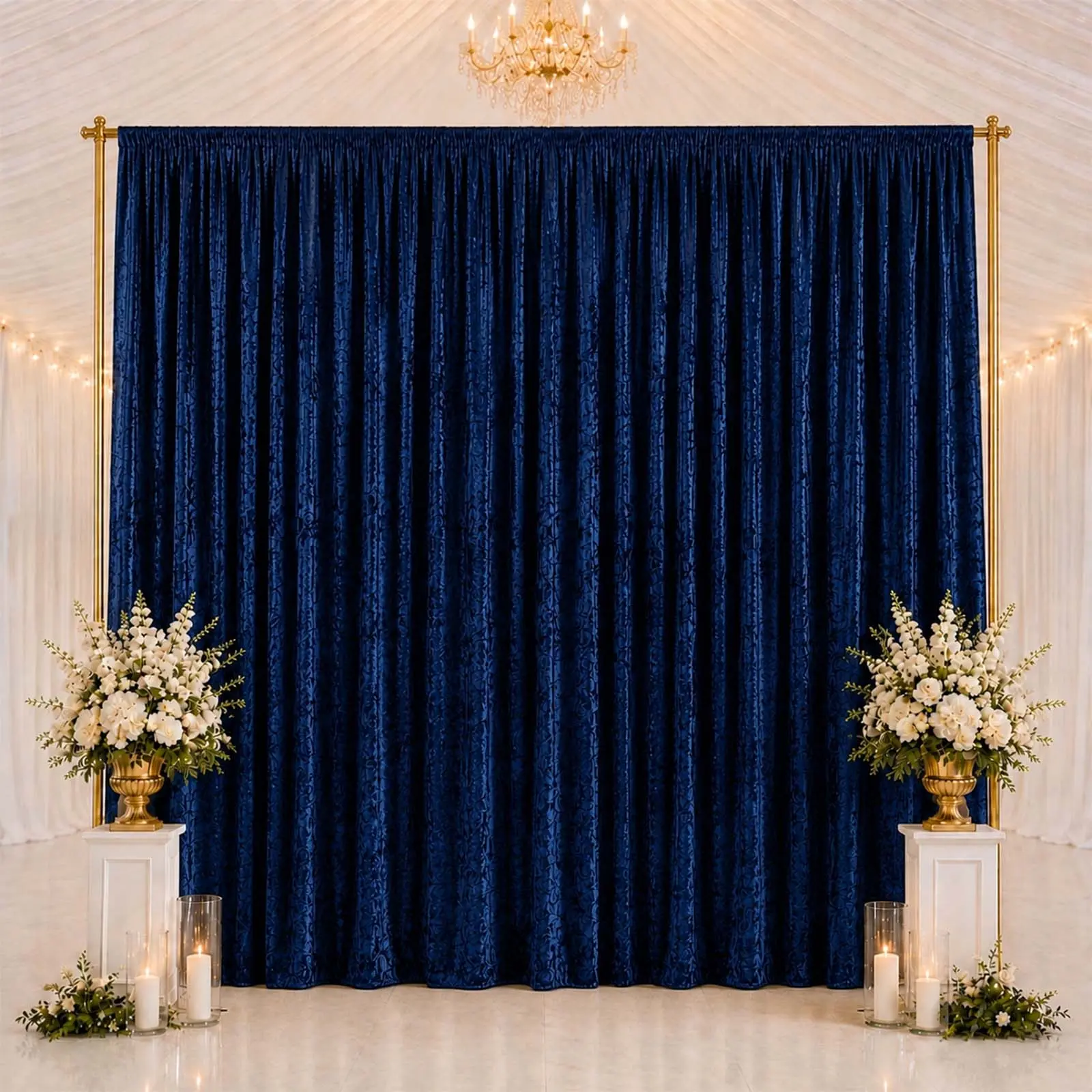 Navy Blue Premium Crushed Velvet Backdrop Curtain 10ft x 14ft – Stage Backdrop Panel & Event Drape with Rod Pocket, 70% Blackout