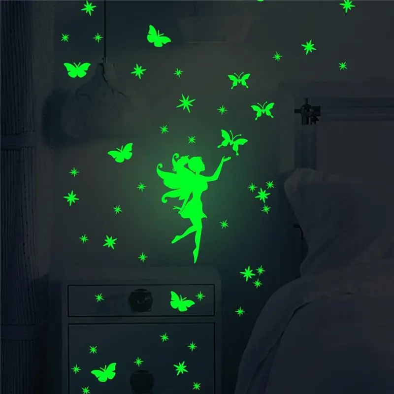 Glow in The Dark Fairy Wall Decals Butterfly Wall Stickers Princess Room Decor Fantasy Wall Decor for Kids Princess Girls Bedroom Ceiling Room Decor Smooth Decorative