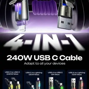 240w 6.6ft 4-In-1 USB-C Charging Cable, High-Speed Data Transfer & Fast Charge, Compatible with Android/iOS/micro-USB Devices