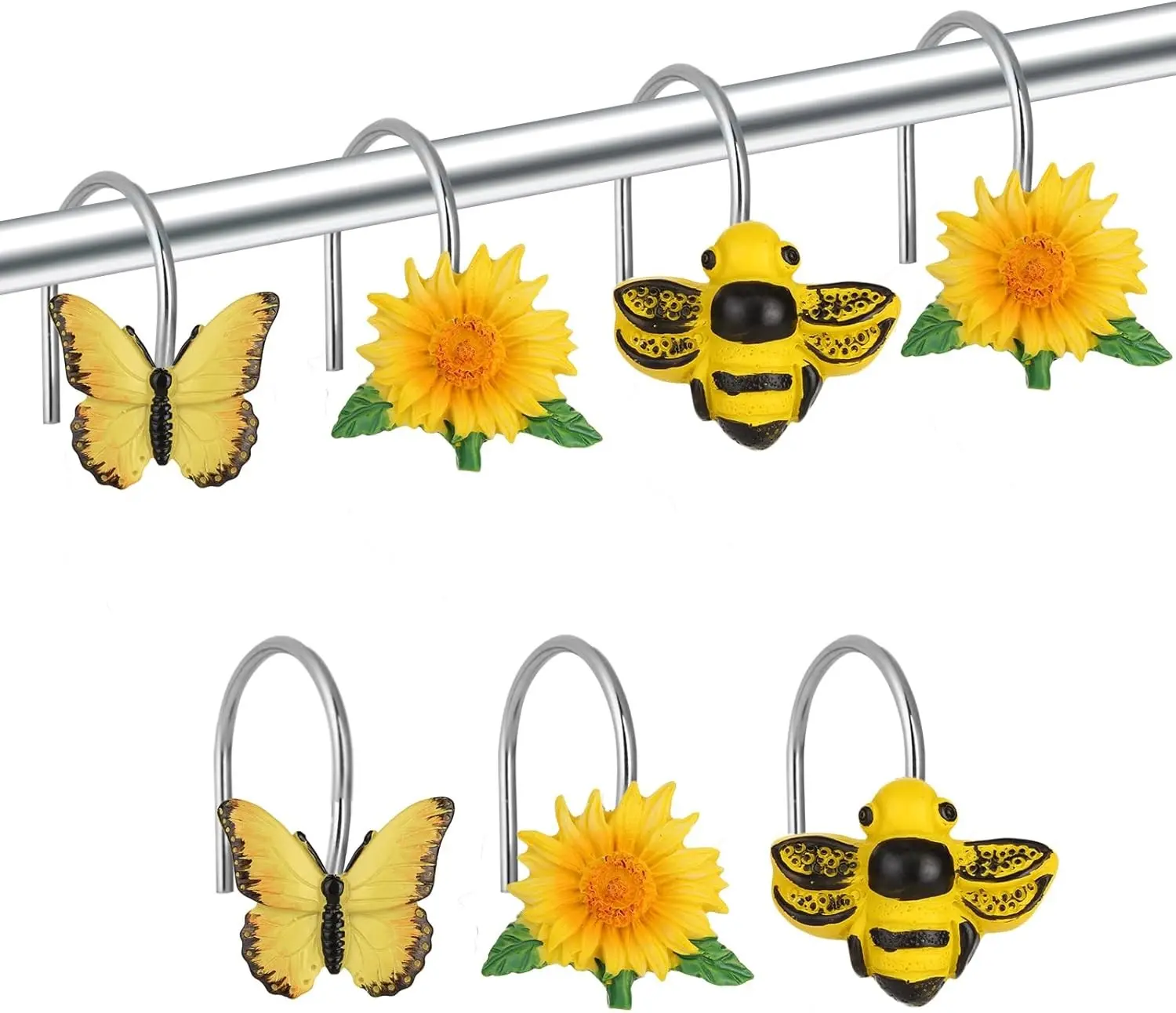 12PCS Yellow Sunflower Bee Butterfly Decorative Shower Curtain Hooks - Stainless Steel Anti-Rust Resin, 3 Shape Designs, for Home Bathroom Decoration & Organization