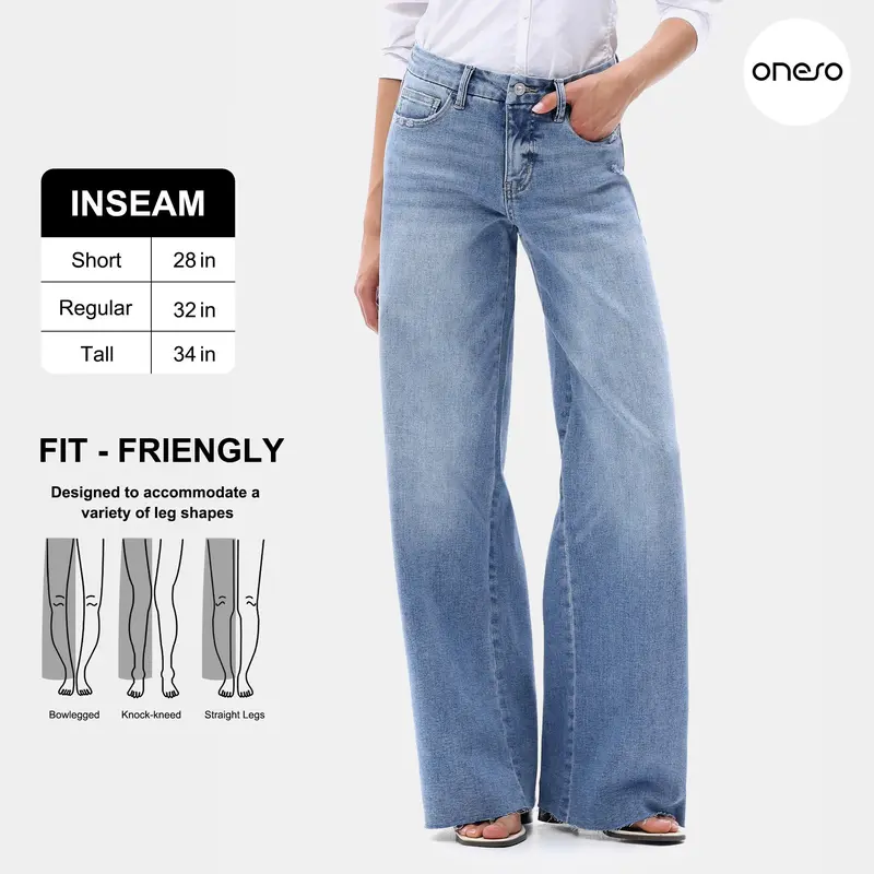 【3 Lengths】Freya ONESO Women's Tummy Control Raw Hem Baggy Denim Pants Mid Rise Wide Leg Denim Jeans Retro Streetwear Style Comfortable Jeans Commuter Style Baggy High Stretchy Soft Breathable Spring& Summer #SummerVibes