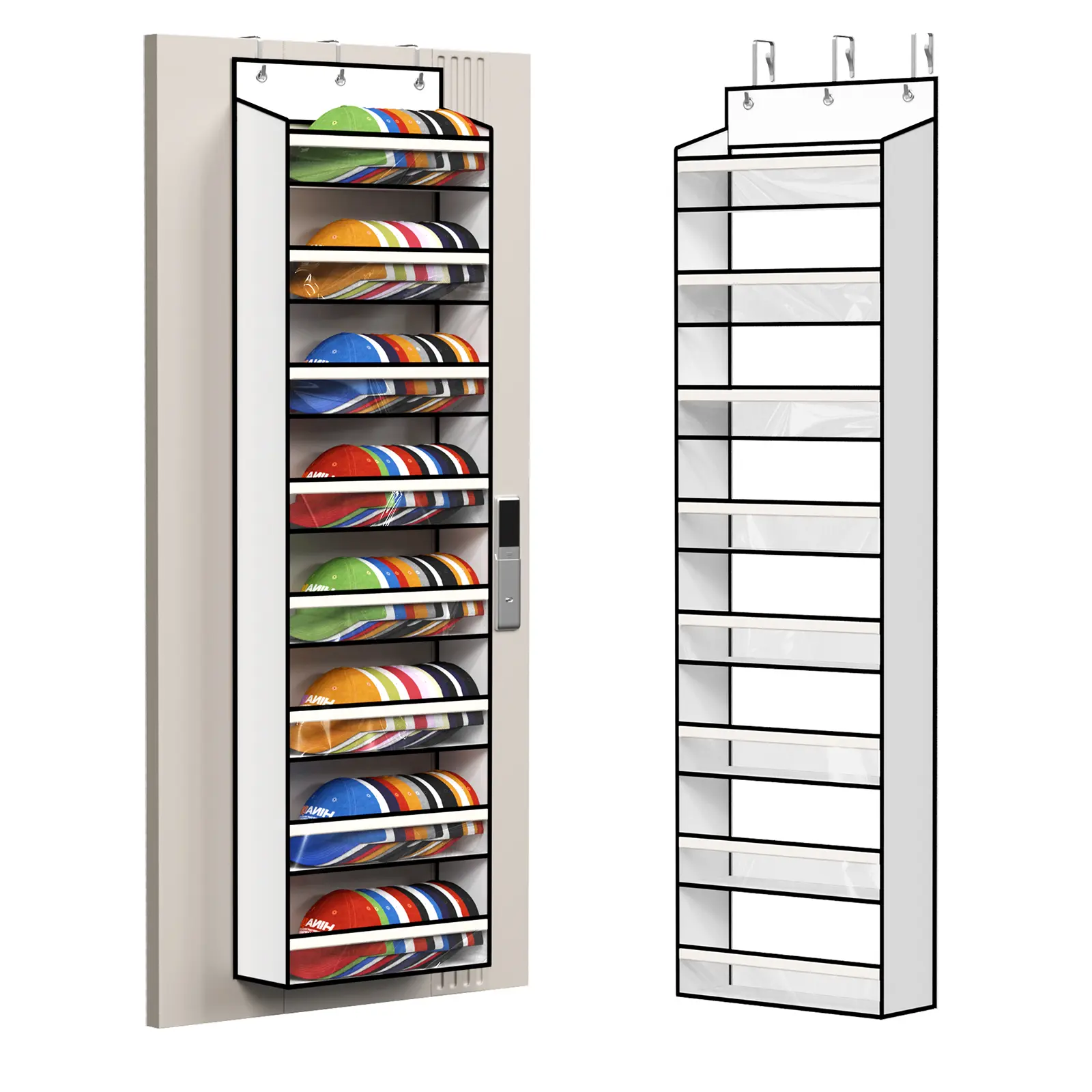 Over The Door Hat Organizer for Baseball Caps, 8 Tier Large Capacity Holds up to 120 Caps, Wall & Closet Hanging Storage with 3 Hooks