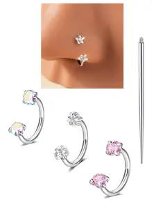 4Pcs Heart Star Cz Horseshoe Nose Ring Internal Threaded Design, Stainless Steel 18 Gauge 8mm Hoops for Multiple Piercings, Perfect for Nose Cartilage Tragus Helix and Lip, Nose Ring Jewelry