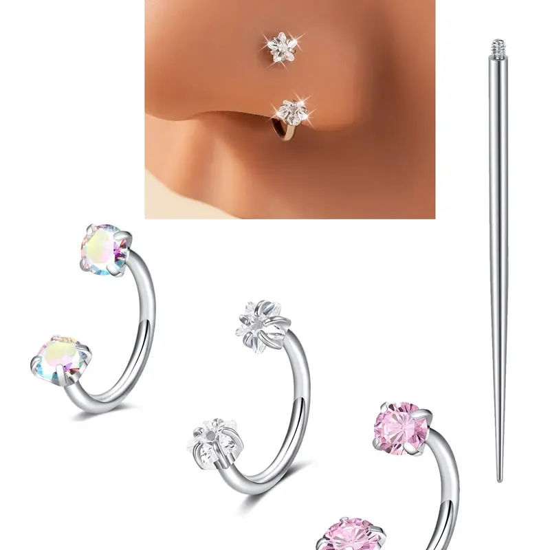 4 Pcs Star/Heart CZ Horseshoe Nose Rings Set, Internally Threaded Stainless Steel Nose Hoops, 18-Gauge 8mm, Body Jewelry, Stainless Steel Noserings, Perfect for Nose, Cartilage, Tragus, Helix, and Lip Piercings, Great Gift Idea