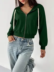 Short Hooded Zipper Fitted Sweatshirt, Casual Style, Waist Cinched Detail, Streetwear & Date Night, All Seasons