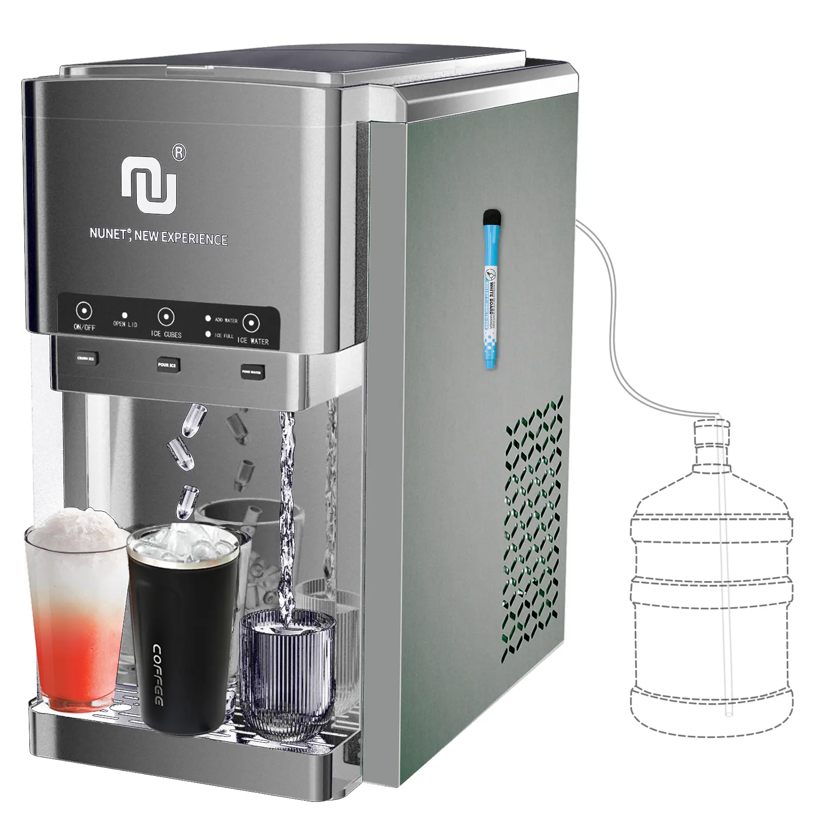 NUNET 3-in-1 Ice Maker Water Dispenser Countertop 6L Water Tank 44lbs/Day | Crushes shaved bullet cubes with bottom loading 4lb storage tank for office home Hdrinks
