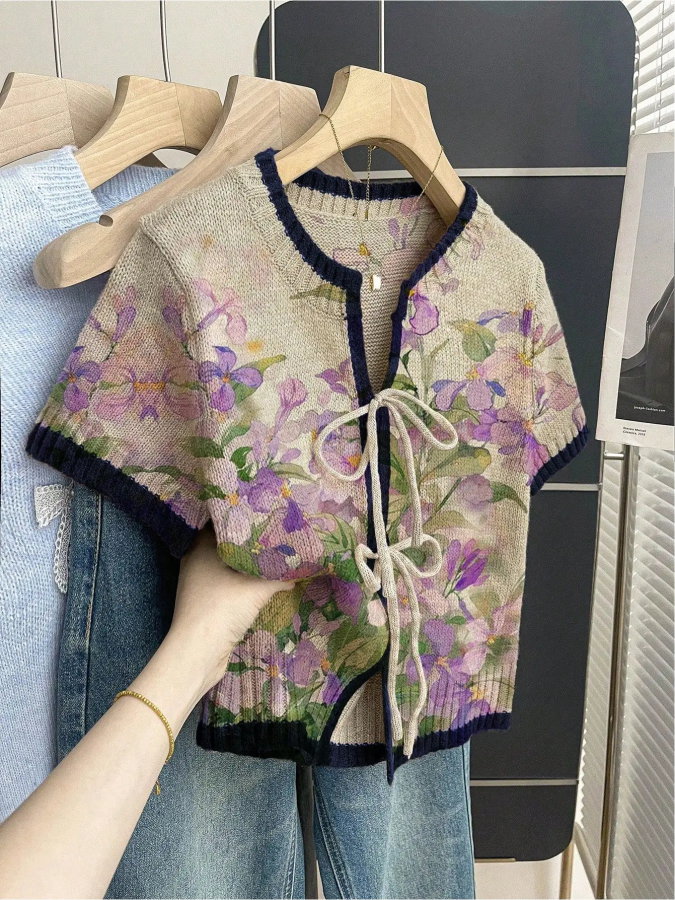 Women's khaki bohemian vacation short-sleeve knit top. Loose round neck, contrast purple gradient floral print, front tie and contrast piping. Comfortable for spring & summer casual wear. Womenswear