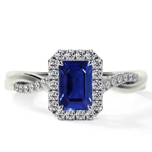 Emerald Cut Untreated Blue Sapphire Halo Ring with Twist Band and Pave Set Diamonds (1.35cttw)- RBS013-7X5-AAAAA