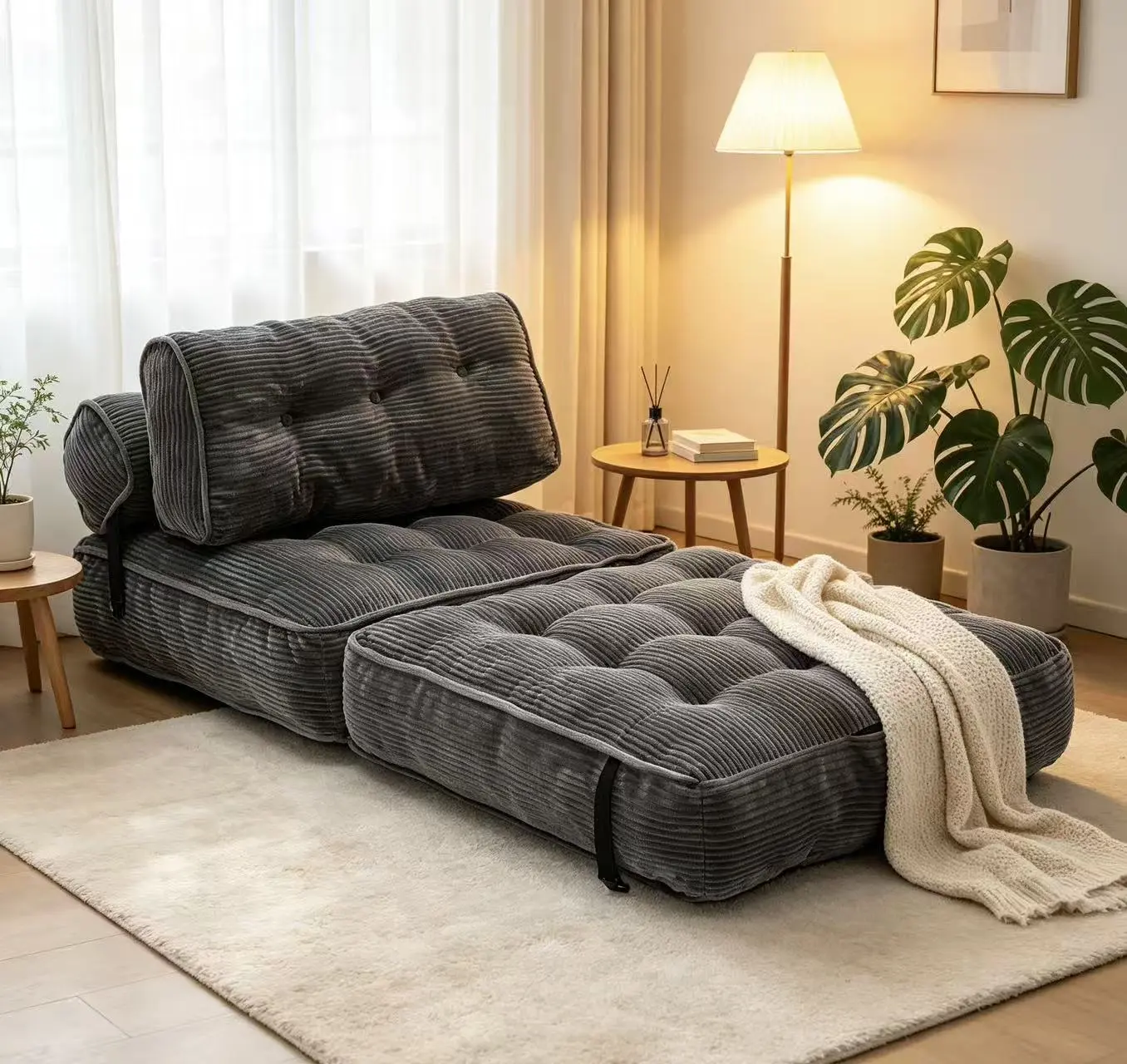 Corduroy Fabric Single Folding Sofa Bed Convertible Sleeper Chair with Pillow, 31.88x31.88" Foldable Support Mattress, Portable Floor Lounge for Bedroom Living Room, Black/American White Oak/Antique Grey