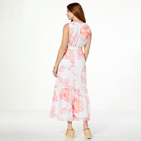 Nina Leonard Printed Chiffon Smocked Waist Maxi Dress