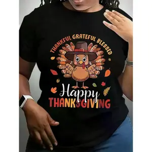 Plus Size Women's Thanksgiving Graphic T-Shirt - Happy Thanksgiving Pumpkin Print Casual Short Sleeve Round Neck Top, Fashionable Double-Lined Cotton T-Shirt, Perfect Holiday Gift for Men and Women