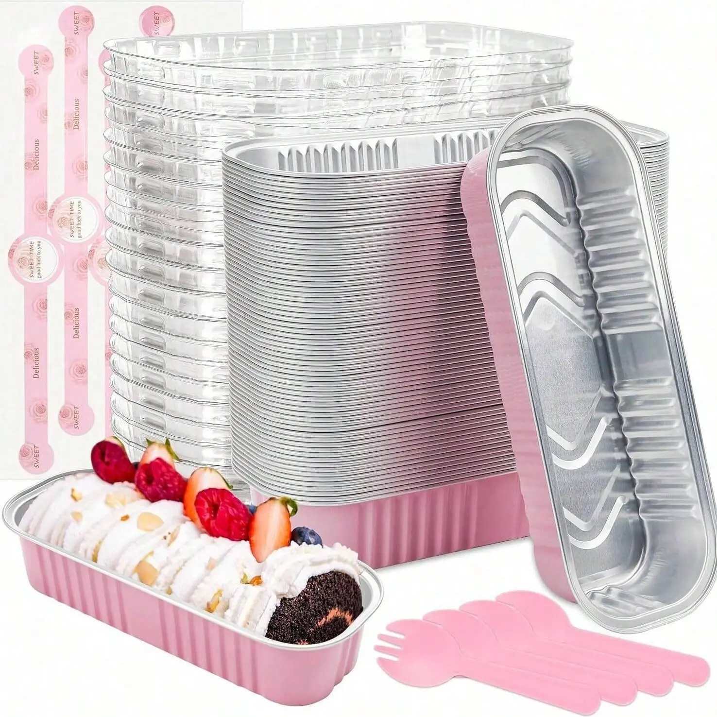 Mini Toast Molds Set with Lid and Spoon, Aluminum Foil Rectangular Baking Cups, 6.8 Oz, Portable Party Dessert Supplies, Baking Dish Set