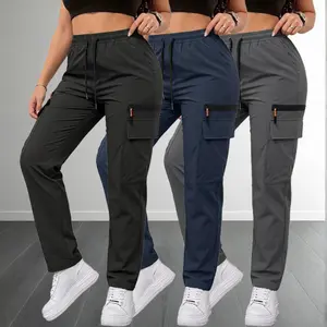 Women’s Summer Breathable Stretch Cargo Pants 3-Piece Set — Lightweight, quick-drying outdoor casual long pants featuring a drawstring, faux zipper decoration, multiple pockets, and an adjustable waistband