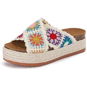 Coutgo Women's Platform Espadrille Sandals - Floral Crochet, Cork, Open Toe, Summer Beach Slide Footwear | Sandals for Women, Platform Shoes outdoorfun