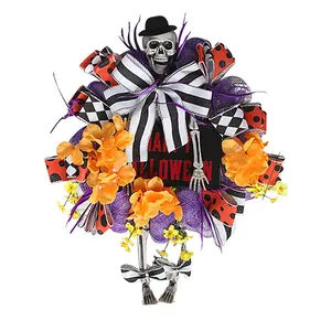 Halloween skull wreath door hanging decoration, holiday dark style rattan ring atmosphere decoration