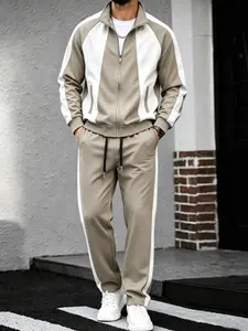 Men's Four-Season Patchwork Sport Set, Tracksuit Zip, Stand Collar Zipper Top with Drawstring Wide Leg Pants, Retro Style, Comfortable and Stylish, Sports Casual Wear