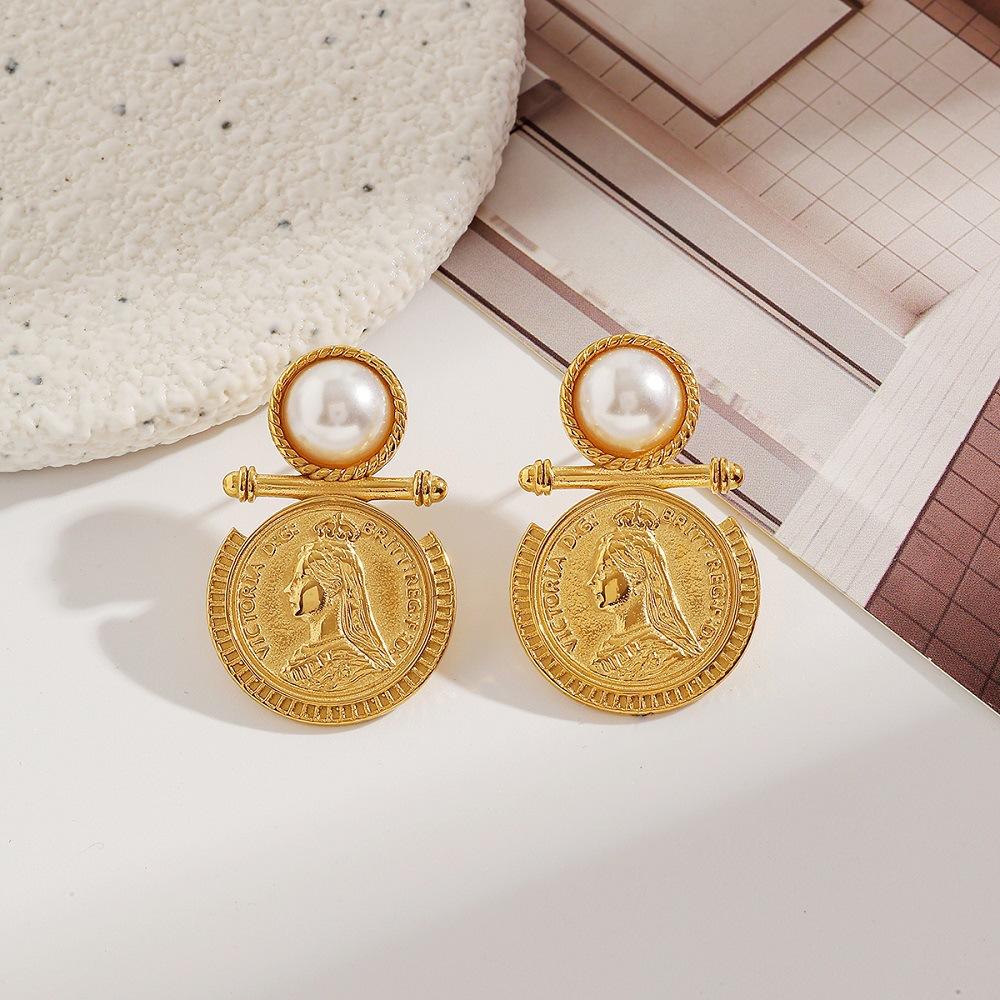 Vintage Gold Coin Earrings for Women, 18K Gold Plated Stainless Steel Pearl Stud Earrings, Hypoallergenic Retro Ins Style Dangle Earring, Non-Fade Daily Wear Jewelry