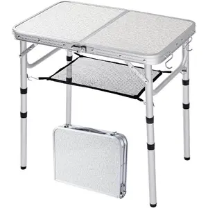 Small Folding Camping Table, 2ft Portable Table with 3 Adjustable Heights, Aluminum Lightweight Foldable Picnic Table with Mesh Layer and Extension Legs for RV, BBQ and Indoor (Silver)