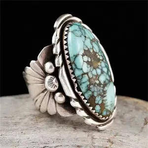 Vintage Natural Blue Turquoise Antique Silver Bohemian Ring