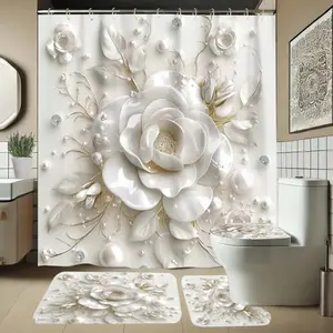 Fashion Floral Pattern Bathroom Set, Includes Soft Shower Curtain, Mat, Toilet Seat Cover, Elegant Decoration, 1/4 Piece, Shower Curtain Sets, Bathroom Decoration Accessories