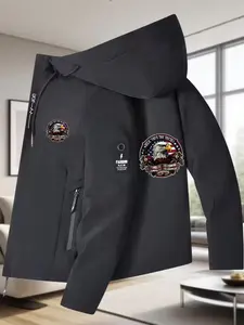 Men's Street Style Eagle Head Print Hooded Jacket, Fall Winter New Premium Zip Pocket Coat, Casual Fashion Outdoor Sports Jacket