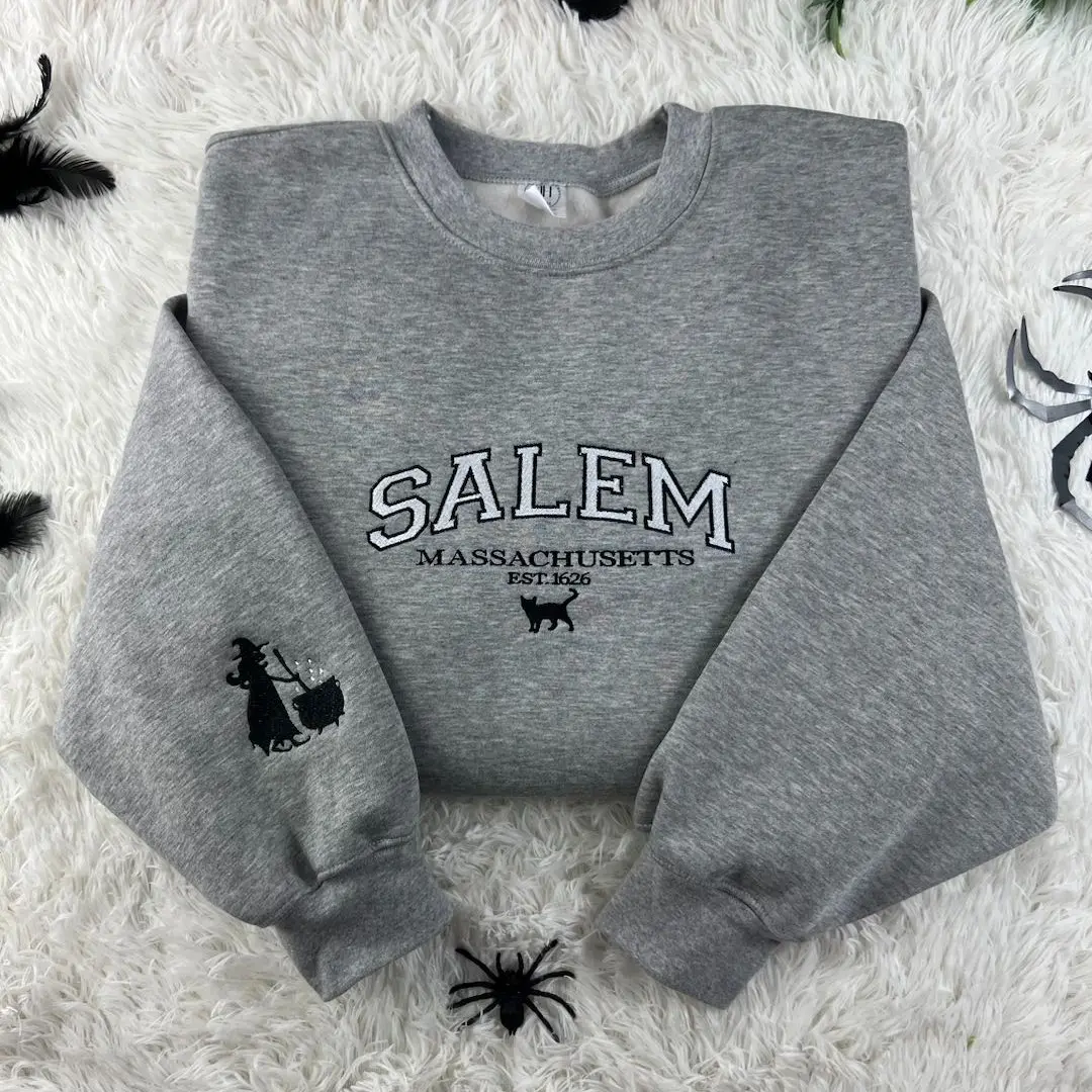 Embroidered Salem Massachusetts sweatshirt, Halloween Embroidered Sweatshirt, Sp00ky Season Crewneck, Embroidered Sleeve witch
