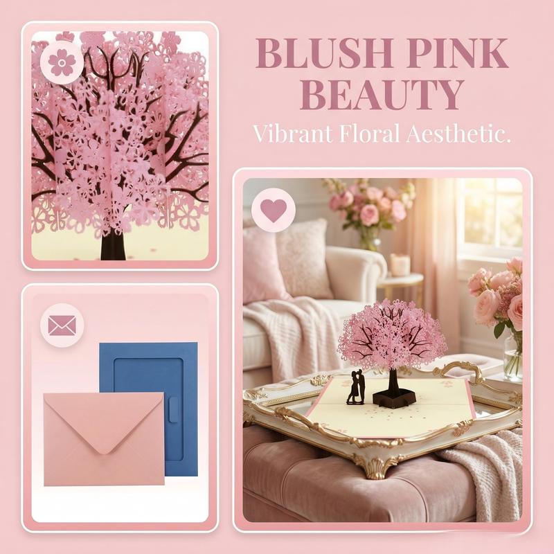 Handmade Cherry Blossom Card Pop Up 3D Flower Romantic Love Letter Greeting Anniversary Wedding Valentine Birthday Gift Card Blank Stationery Paper for Her Him Husband Wife