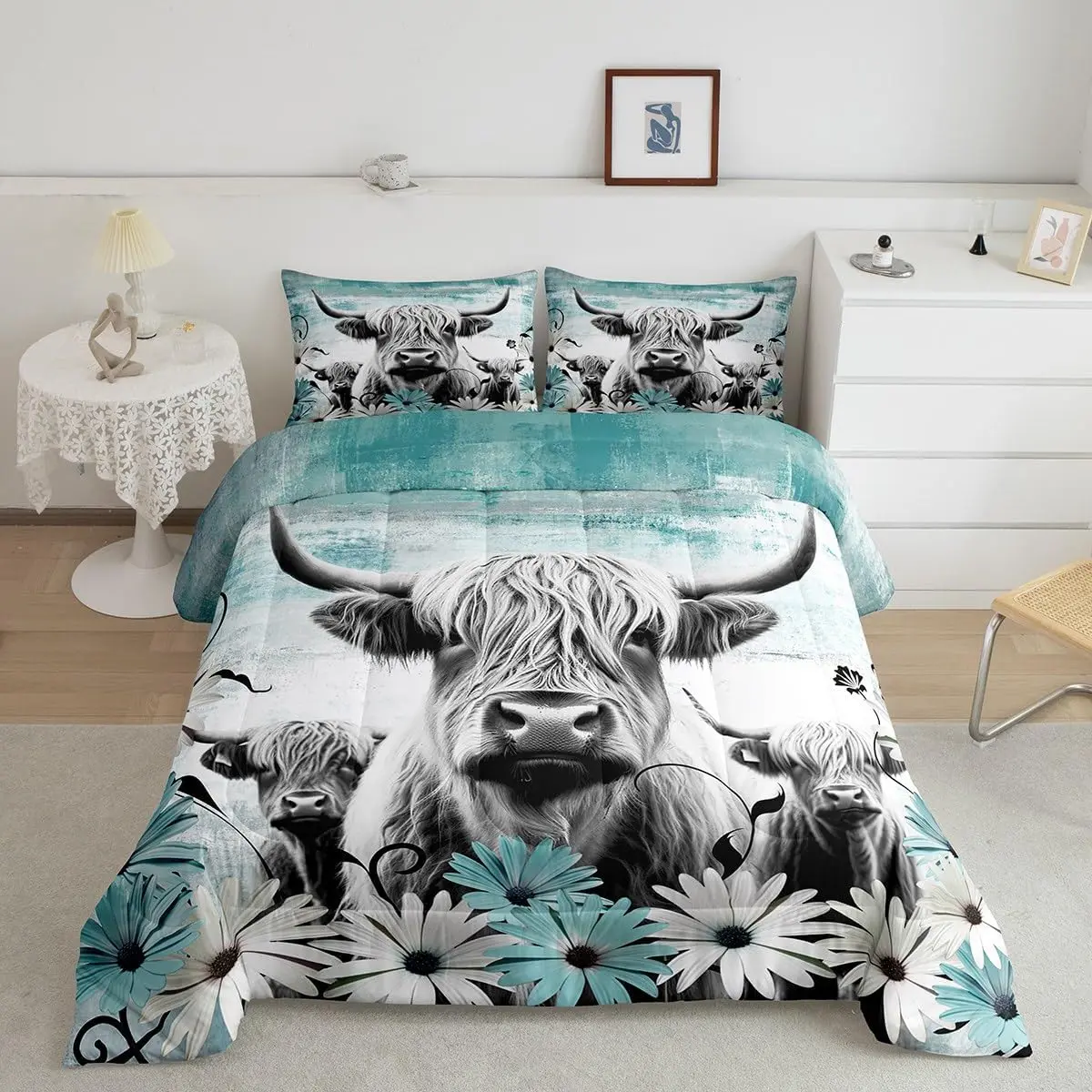 Feelyou Highland Cow Print Teal Western Rustic Queen Comforter Set - Grunge Daisy Flower Quilt, Soft Decorative Bedding Set, Multi-Size, Travel-Friendly for Farmhouse Home Decor, Soft Bedding Set