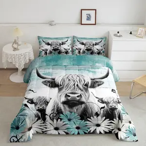 Highland Cow Print Comforter Set,Teal Western Farmhouse Bedding Sets, Rustic Home Decor Longhorn Cattle Farm Animal Bed Set,Grunge Daisy Flower Quilt
