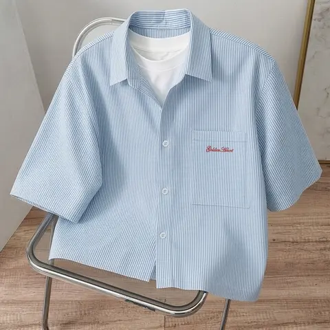 Men's Blue White Striped Short Sleeve Button Down Shirt, Casual Trendy Shirt, Stripey Shirt, Casual Summer Everyday Top For Daily Wear & Summer Street Style