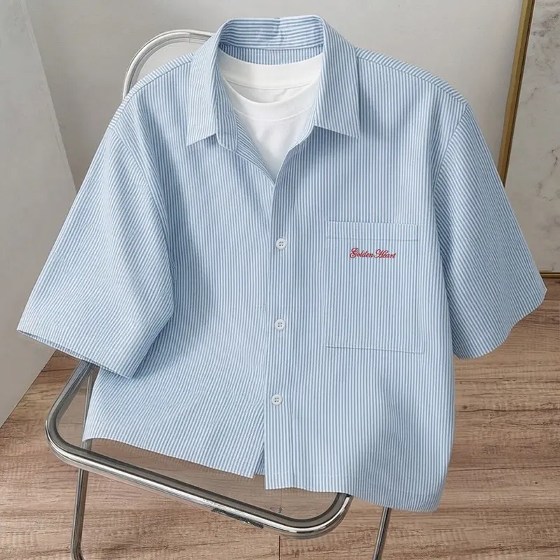 Men's Blue White Striped Short Sleeve Button Down Shirt, Casual Trendy Shirt, Stripey Shirt, Casual Summer Everyday Top For Daily Wear & Summer Street Style