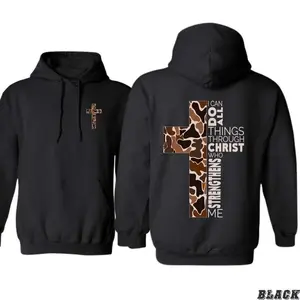 (Made in USA) Christian Hoodie - Camo Cross Design with Philippians 4:13 Verse, Cozy Fit for Faithful Believers and Outdoor Enthusiasts - Menswear